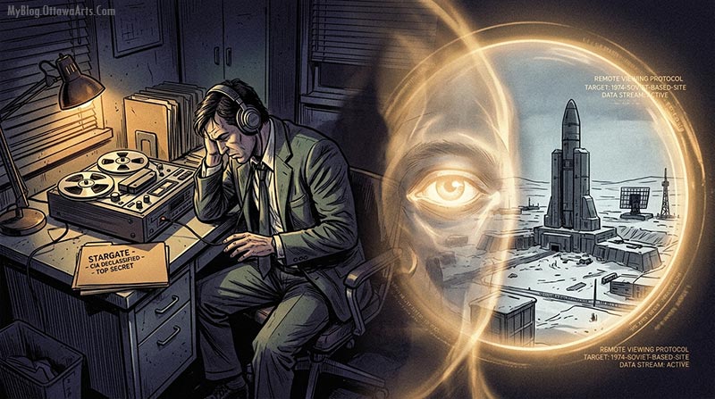 Illustration of a CIA remote viewer psychically spying on a secret Soviet base during the Cold War Project Stargate.