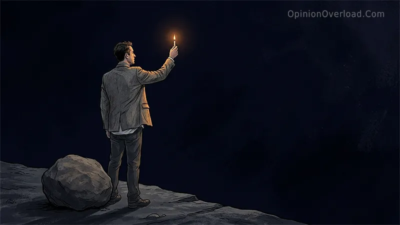 A lone figure in rumpled business attire holds a single lit birthday candle toward an infinite dark void, a boulder resting at his feet — editorial illustration for the essay "Finding Comfort in Cosmic Meaninglessness," exploring absurdism, nihilism, and defiant human meaning-making in an indifferent universe.