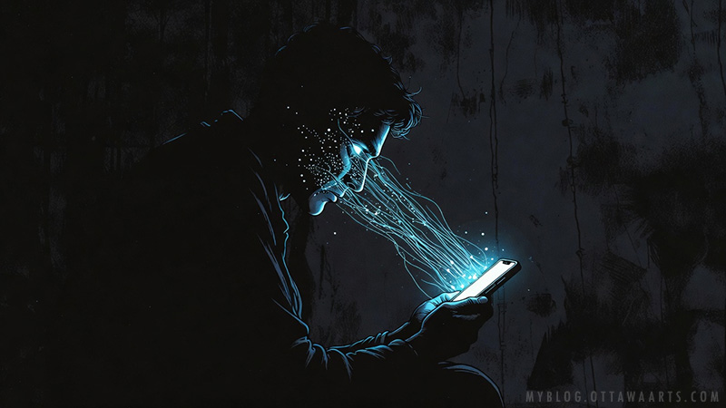 A cinematic noir image of a person's focus being extracted by a smartphone glow, illustrating the impact of behavioral engineering on social media attention span.